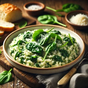 A beautifully plated dish of Spinach Risotto served on a rustic wooden table. The dish features creamy, perfectly cooked risotto infused with fresh spinach and Parmesan cheese. Garnished with extra spinach leaves and a sprinkle of grated Parmesan. Served in a white ceramic bowl with a side of crusty bread. The warm wooden table is more visible, providing a cozy and inviting setting.