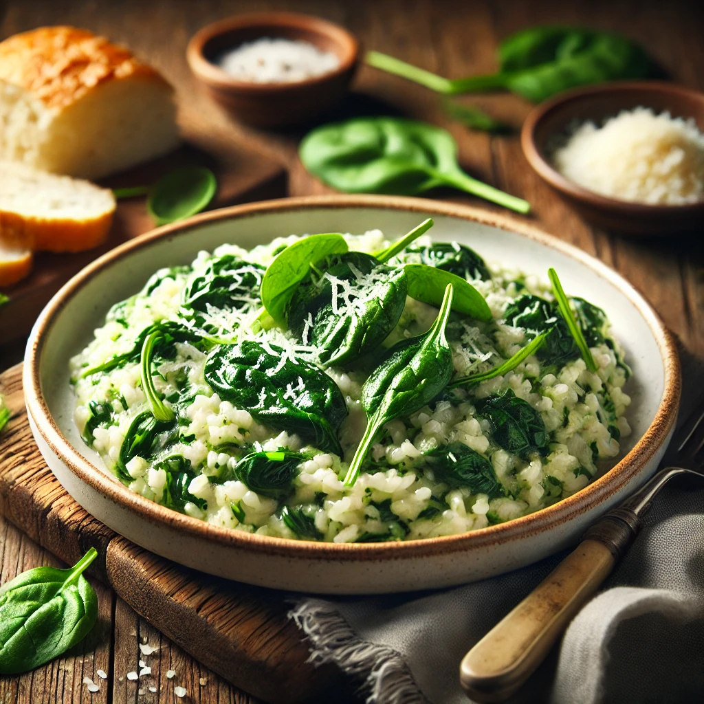 A beautifully plated dish of Spinach Risotto served on a rustic wooden table. The dish features creamy, perfectly cooked risotto infused with fresh spinach and Parmesan cheese. Garnished with extra spinach leaves and a sprinkle of grated Parmesan. Served in a white ceramic bowl with a side of crusty bread. The warm wooden table is more visible, providing a cozy and inviting setting.