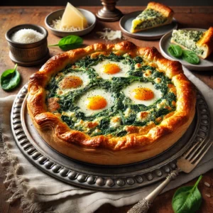 A beautifully baked Spinach and Ricotta Pie with a golden, flaky puff pastry crust, cut open to reveal a rich filling of spinach, ricotta, and Parmesan, with whole eggs baked into the center. The pie is served on an elegant ANTA serving plate, placed on a rustic wooden table with a small dish of Parmesan, fresh spinach leaves, and a linen napkin. Warm, natural lighting enhances the inviting textures and colors.