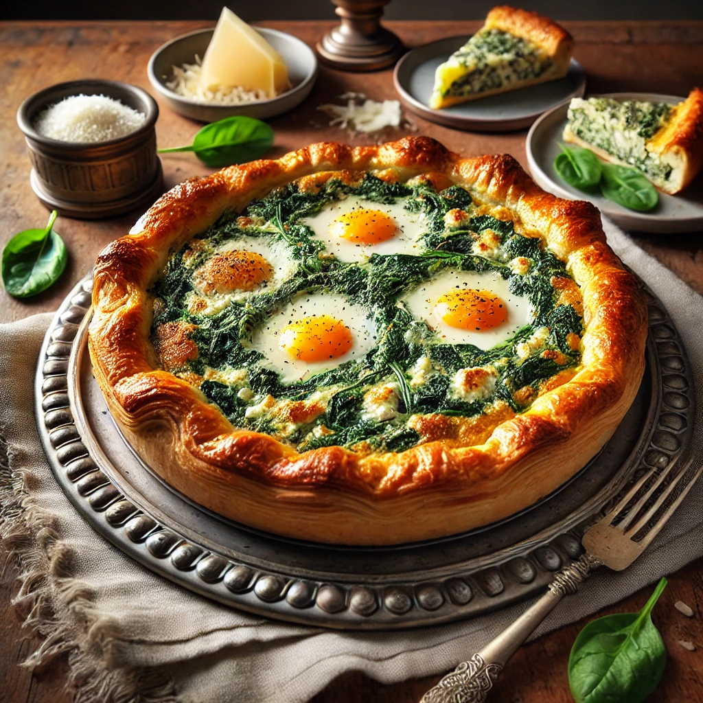 A beautifully baked Spinach and Ricotta Pie with a golden, flaky puff pastry crust, cut open to reveal a rich filling of spinach, ricotta, and Parmesan, with whole eggs baked into the center. The pie is served on an elegant ANTA serving plate, placed on a rustic wooden table with a small dish of Parmesan, fresh spinach leaves, and a linen napkin. Warm, natural lighting enhances the inviting textures and colors.