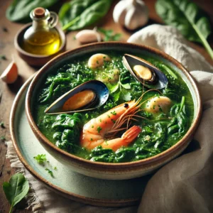 A beautifully plated bowl of spinach bouillabaisse, featuring a rich, green broth with tender pieces of white fish, shrimp, and mussels. The bowl rests on a wooden table with a linen napkin, with soft, natural lighting highlighting the fresh and nourishing presentation. The table setting is slightly more visible for a cozy dining atmosphere.