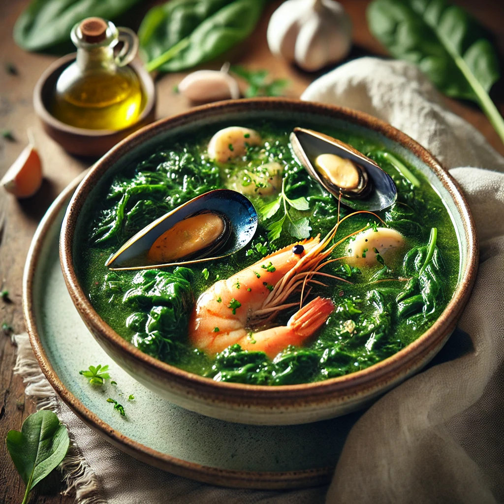 A beautifully plated bowl of spinach bouillabaisse, featuring a rich, green broth with tender pieces of white fish, shrimp, and mussels. The bowl rests on a wooden table with a linen napkin, with soft, natural lighting highlighting the fresh and nourishing presentation. The table setting is slightly more visible for a cozy dining atmosphere.