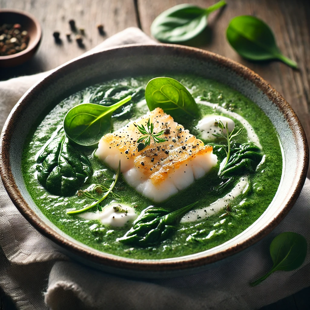 A beautifully plated bowl of spinach soup with haddock, featuring a vibrant green creamy soup with tender, flaky pieces of poached haddock on top. The bowl rests on a wooden table with a linen napkin, with soft, natural lighting highlighting the fresh and nourishing presentation.