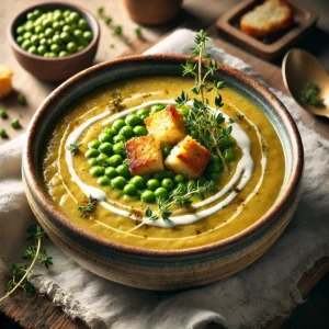 A beautifully plated bowl of split pea and parsnip soup, featuring a thick, creamy texture with a golden-green hue. The bowl rests on a wooden table with a linen napkin, with soft, natural lighting highlighting the hearty and comforting presentation.