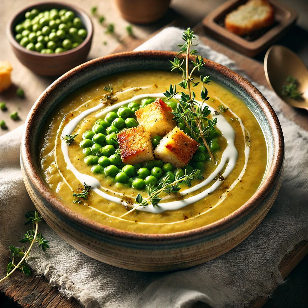 A beautifully plated bowl of split pea and parsnip soup, featuring a thick, creamy texture with a golden-green hue. The bowl rests on a wooden table with a linen napkin, with soft, natural lighting highlighting the hearty and comforting presentation.