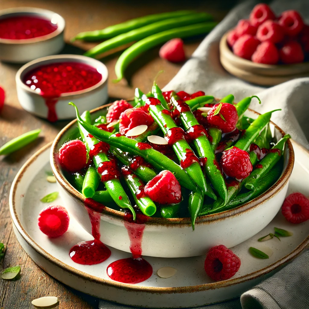 A white ceramic bowl filled with tender spring beans coated in a glossy raspberry sauce, garnished with fresh raspberries and chopped almonds, set on a wooden table with raspberry sauce and fresh raspberries in the background.