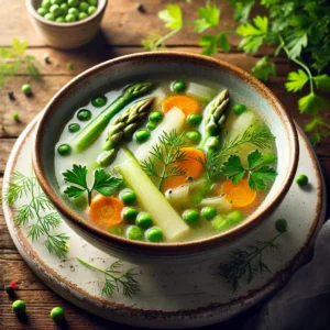 A beautifully plated bowl of spring vegetable broth, featuring a light and clear broth filled with fresh seasonal vegetables such as asparagus, peas, carrots, and leeks. The bowl rests on a wooden table with soft, natural lighting, emphasizing the fresh and vibrant presentation.