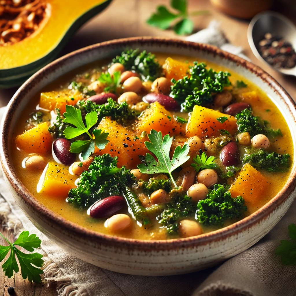 A beautifully plated bowl of squash, kale, and mixed bean soup, featuring a rich, golden broth filled with tender chunks of roasted squash, vibrant green kale, and a variety of beans. The bowl rests on a wooden table with soft, natural lighting, highlighting the nourishing and comforting presentation.