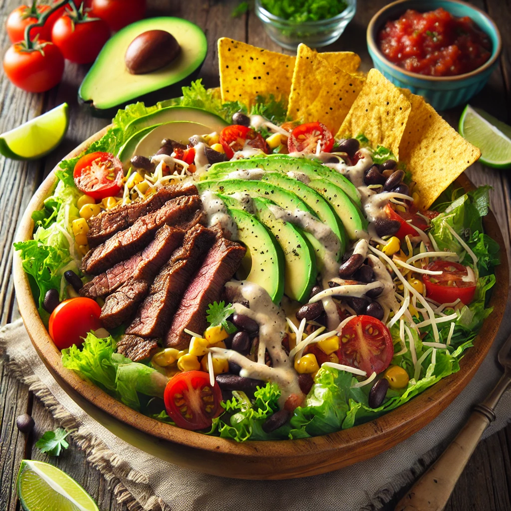 A vibrant steak taco salad on a rustic wooden table, featuring sliced grilled steak, crisp romaine lettuce, cherry tomatoes, black beans, corn, avocado slices, and shredded cheese, all drizzled with a creamy dressing. Crunchy tortilla strips are sprinkled on top for texture. The salad is served in a large bowl with a lime wedge on the side, accompanied by a small dish of salsa and scattered fresh cilantro leaves. Soft natural lighting enhances the fresh, colorful tones.