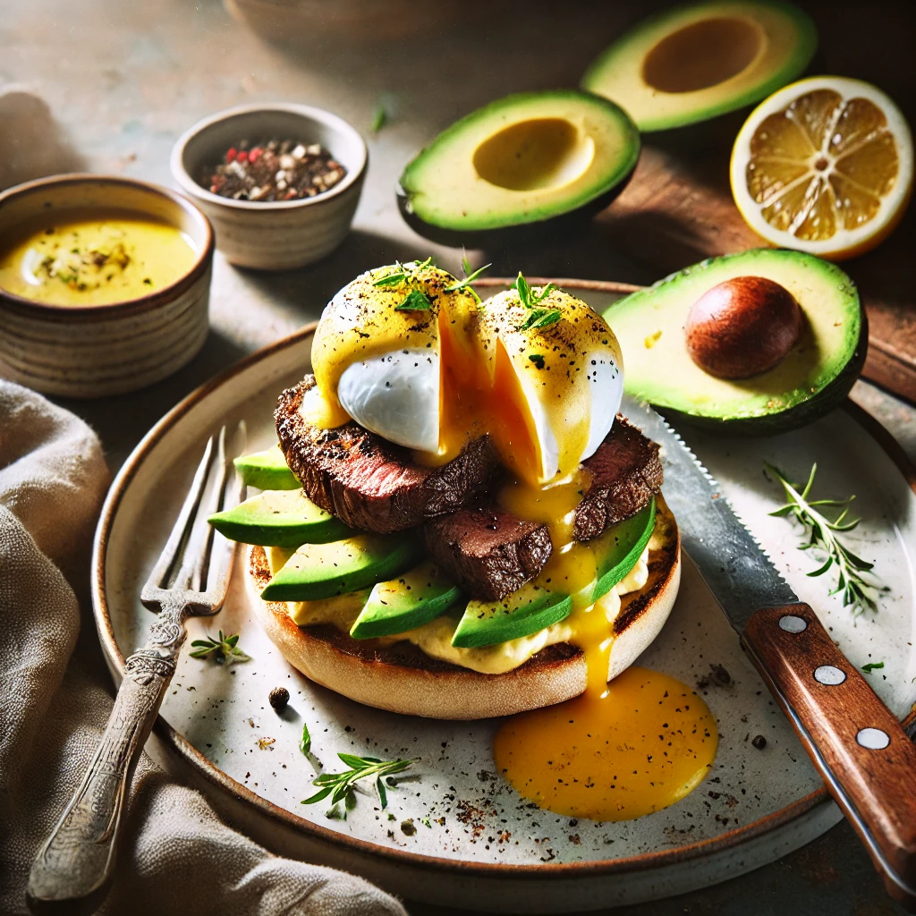 A rustic presentation of steak and eggs Benedict with avocado, elegantly arranged on a wooden table. The dish features a toasted English muffin topped with a perfectly cooked steak slice, creamy avocado, a poached egg, and drizzled with rich hollandaise sauce. A sprinkle of fresh herbs and cracked black pepper adds extra flavor. A knife cuts through one egg, revealing the runny yolk. Scattered around are avocado slices, lemon wedges, and a small bowl of extra hollandaise sauce. Soft natural lighting enhances the warm and indulgent feel, with gentle shadows and a hint of rustic kitchen elements in the background.