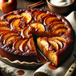 A freshly baked Sticky Apple Cake with a deep golden-brown crust, topped with caramelized apple slices. A slice is cut to reveal the moist interior, rich with dark brown sugar and cinnamon. The cake sits on a rustic wooden table, accompanied by a small dish of apple slices and a side of cream or ice cream, with warm, natural lighting enhancing the inviting textures.