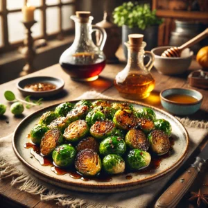 A beautifully plated dish of sticky Brussels sprouts, caramelized to a golden brown and glistening with balsamic and honey glaze. The dish sits on an elegant ANTA plate atop a rustic wooden table, with natural light highlighting its rich texture. In the softly blurred background, a bottle of balsamic vinegar, a honey dipper, and fresh herbs add a cozy, inviting touch.