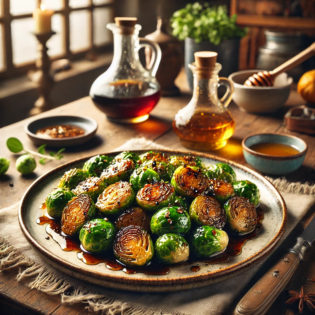 A beautifully plated dish of sticky Brussels sprouts, caramelized to a golden brown and glistening with balsamic and honey glaze. The dish sits on an elegant ANTA plate atop a rustic wooden table, with natural light highlighting its rich texture. In the softly blurred background, a bottle of balsamic vinegar, a honey dipper, and fresh herbs add a cozy, inviting touch.