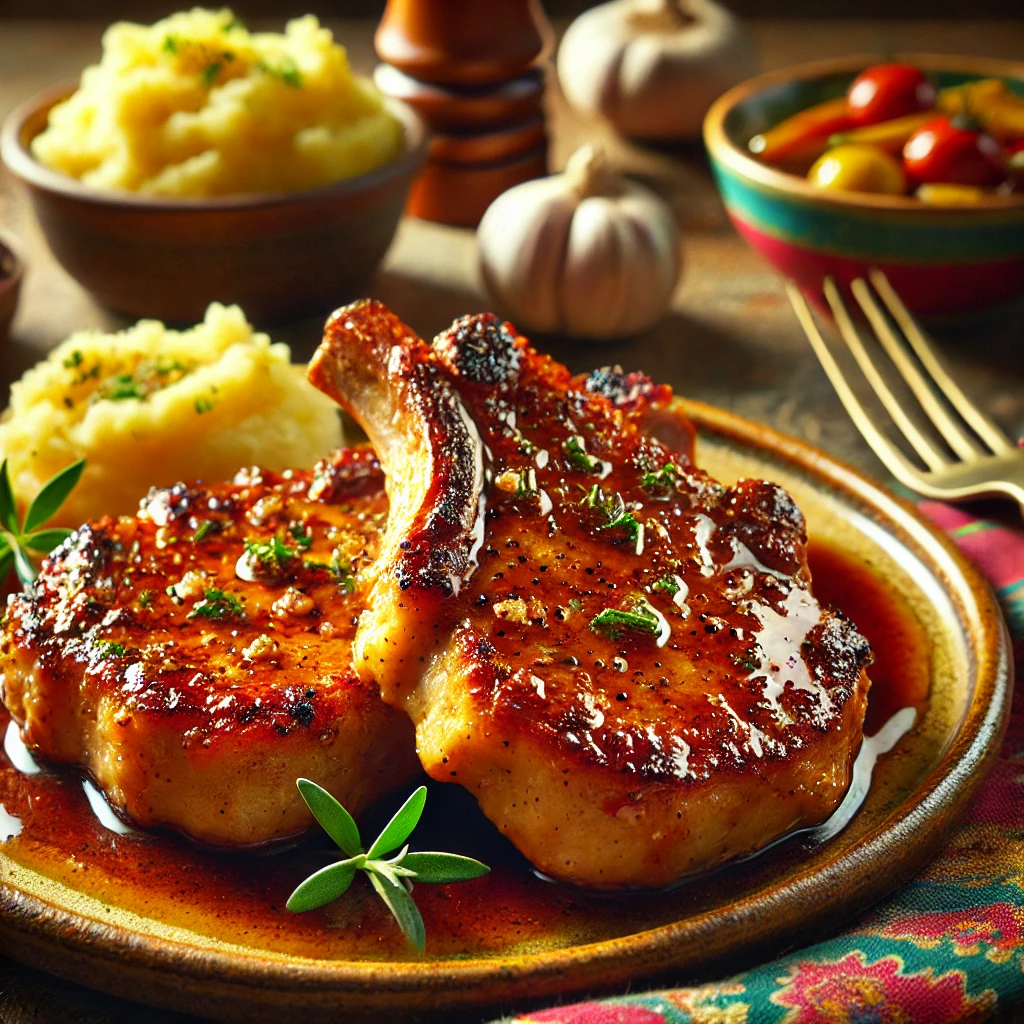 Golden-brown sticky Dijon pork chops with a caramelized glaze, garnished with fresh herbs, served on a rustic ceramic plate. The scene includes a small bowl of mashed potatoes and colorful napkins, with warm natural lighting highlighting the rich textures and inviting tones of the dish.