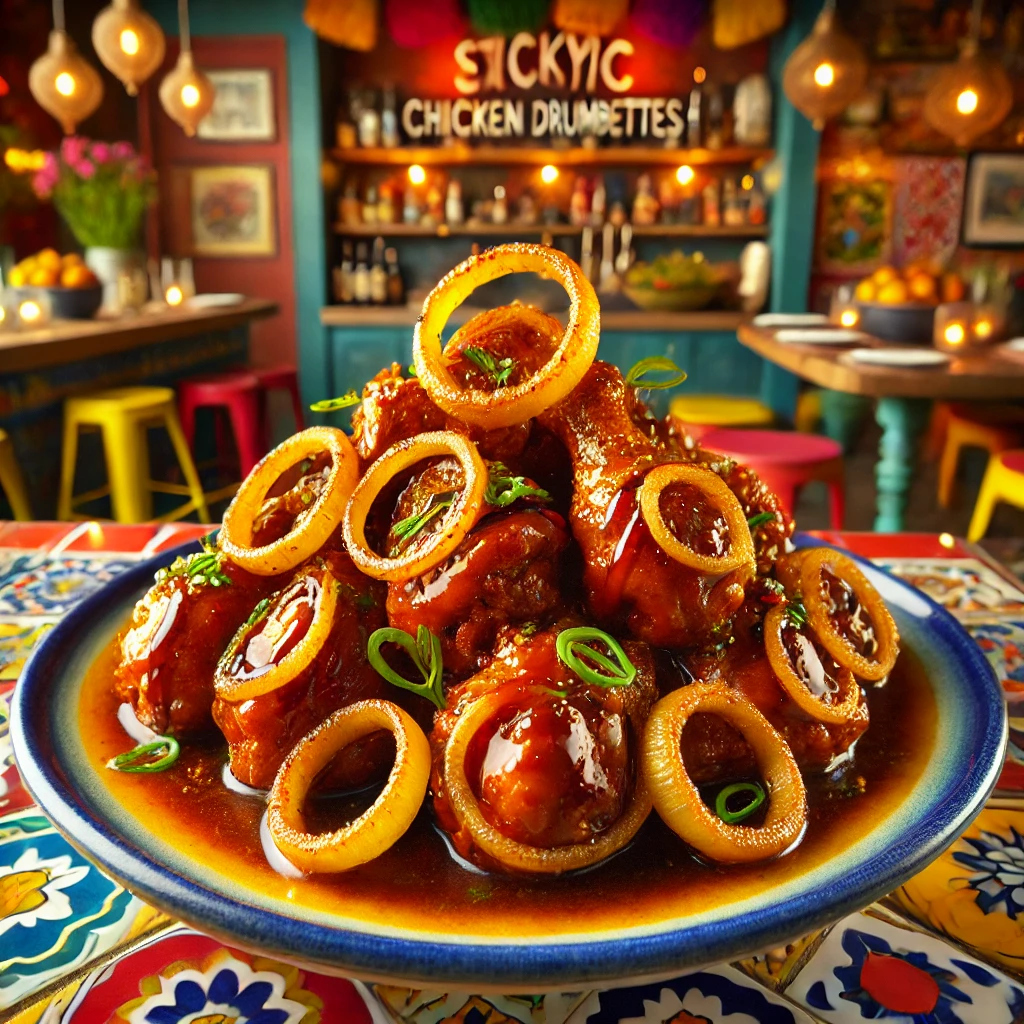 Sticky exotic chicken drumettes with honey-tamari glaze and onion rings, served on a vibrant Mexican-style plate