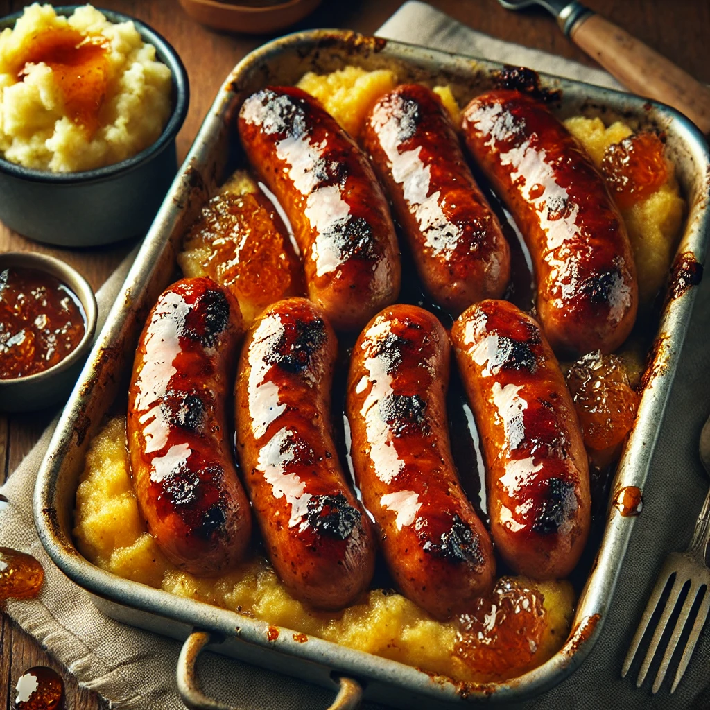 A batch of Sticky Sausages, glazed with marmalade and roasted to a rich, caramelized finish. The sausages are golden brown with a glistening, sticky coating and are arranged in a rustic baking dish. The dish sits on a wooden table, accompanied by a side of creamy mashed potatoes served in a small mug. Warm, natural lighting highlights the rich textures and inviting colors.