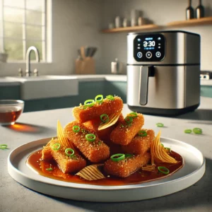 A modern dish of Scotch Fillet strips coated with crushed tortilla chips, drizzled with a sweet and sticky sauce, and garnished with green onions. Presented on a white plate in a contemporary kitchen with an air fryer in the softly lit background.