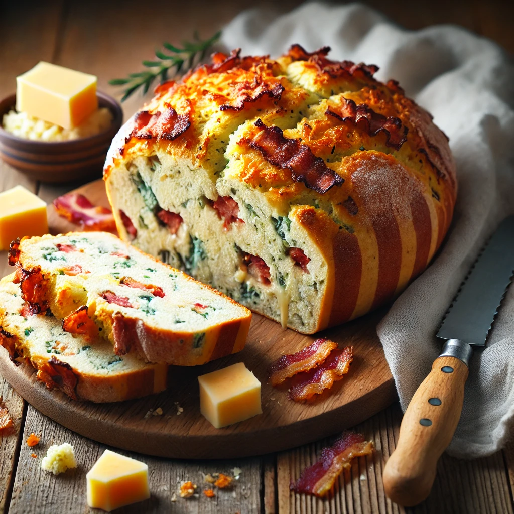 A freshly baked Stilton and bacon bread on a rustic wooden table, featuring a golden, crusty exterior with crispy bacon pieces on top. A few slices are cut to reveal the soft, airy interior with pockets of melted Stilton cheese and smoky bacon bits throughout. Scattered cheese crumbles, bacon pieces, and a bread knife add to the homemade charm. Soft natural lighting enhances the warm, savory tones.