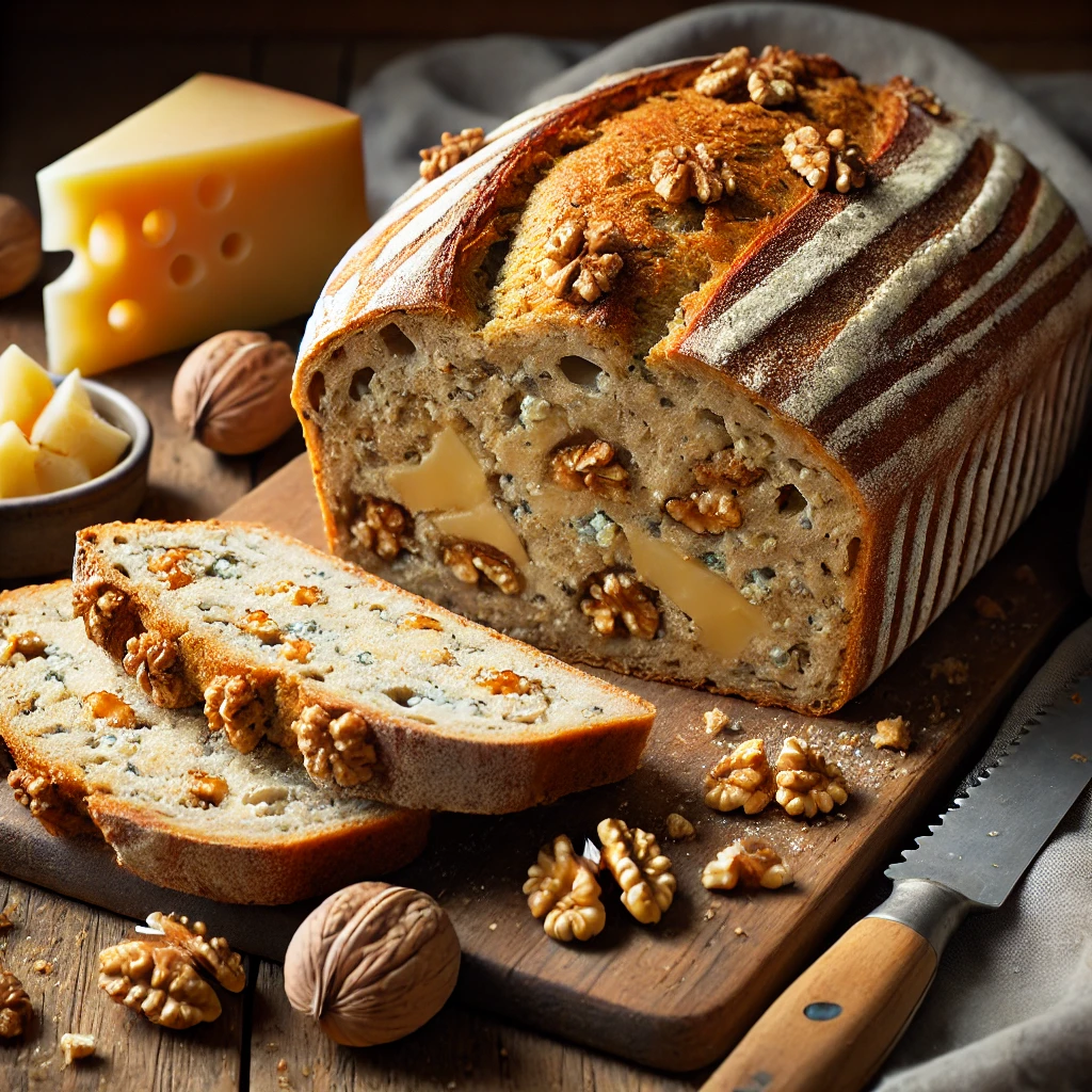 A freshly baked Stilton and walnut wholemeal loaf on a rustic wooden table, featuring a golden-brown, crusty exterior with crumbles of Stilton cheese and pieces of walnut visible on the surface. A few slices are cut to reveal the soft, hearty interior with pockets of melted cheese and crunchy walnuts. The loaf rests on a wooden cutting board, with scattered cheese crumbles, walnut halves, and a serrated bread knife nearby. Soft natural lighting enhances the warm, rustic tones.