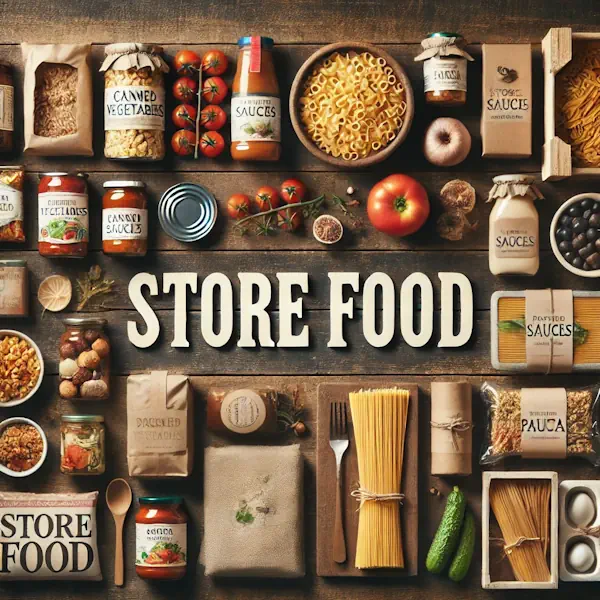 A rustic flat lay representing store food on a medium-dark wooden table with horizontal planks. The scene includes packaged grocery items such as canned vegetables, bottled sauces, pasta in packaging, and packaged snacks, arranged neatly. At the top, the words 'STORE FOOD' are written in large cream-colored serif letters, centered and clearly visible.