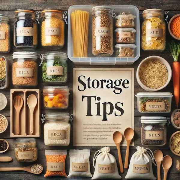 A rustic flat lay of various food storage items on a dark wooden table, including glass jars with dry goods, plastic containers with prepped vegetables, and labeled reusable bags. Wooden spoons and tags are included in the layout. At the top, 'STORAGE TIPS' is written in bold cream serif text, centered above the food containers.
