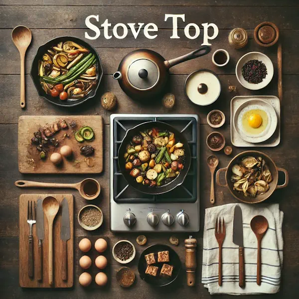 A rustic flat lay of stove top cooking on a medium-dark wooden table with horizontal planks. The scene includes a skillet with sautéed vegetables, a saucepan with simmering sauce or soup, and a frying pan with eggs or meat, with wooden spoons nearby. At the top, the words 'STOVE TOP' are written in large cream-colored serif letters, centered and clearly visible.