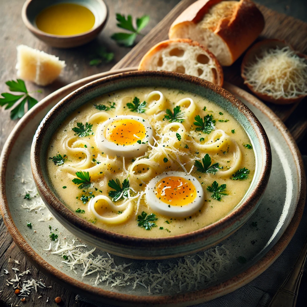 A beautifully plated bowl of Stracciatella soup, featuring a delicate, golden broth with wisps of egg and finely grated Parmesan cheese. The soup is served in a rustic ceramic bowl, garnished with freshly chopped parsley and a light drizzle of olive oil. The texture is silky with soft egg ribbons floating throughout the broth. Accompanied by a slice of crusty Italian bread on the side, the bowl rests on a wooden table with soft, natural lighting enhancing the warm and comforting presentation.