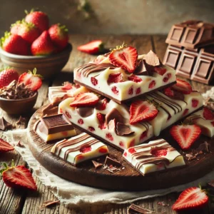 A rustic presentation of strawberries and cream chocolate bark, elegantly arranged on a wooden table. The bark is broken into irregular pieces, featuring creamy white chocolate swirled with milk chocolate and topped with dried strawberry slices. Some pieces are stacked on a wooden cutting board, while others are scattered around with additional dried strawberries and chocolate shavings. Soft natural lighting enhances the fresh and inviting feel, with gentle shadows and a hint of greenery in the background.