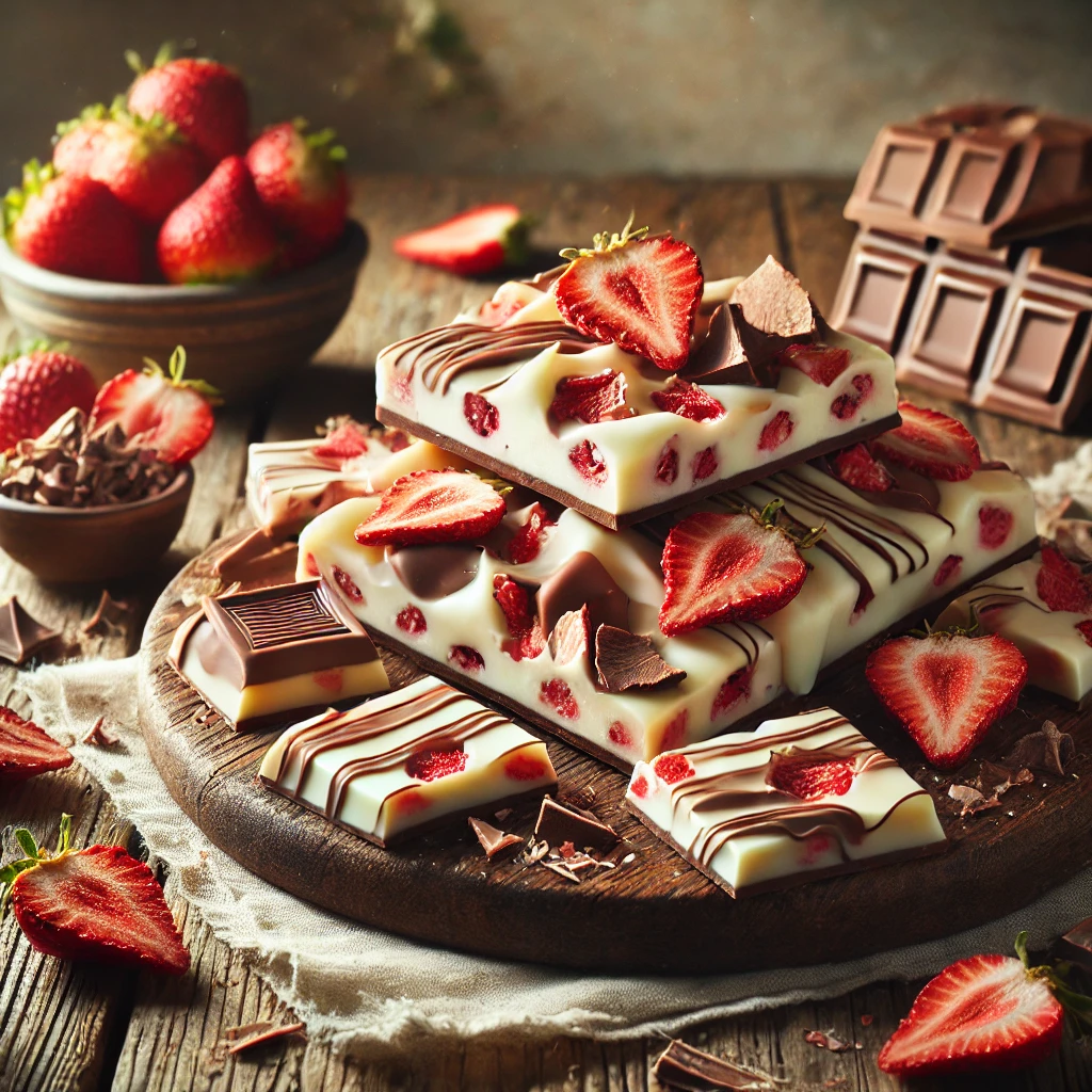 A rustic presentation of strawberries and cream chocolate bark, elegantly arranged on a wooden table. The bark is broken into irregular pieces, featuring creamy white chocolate swirled with milk chocolate and topped with dried strawberry slices. Some pieces are stacked on a wooden cutting board, while others are scattered around with additional dried strawberries and chocolate shavings. Soft natural lighting enhances the fresh and inviting feel, with gentle shadows and a hint of greenery in the background.