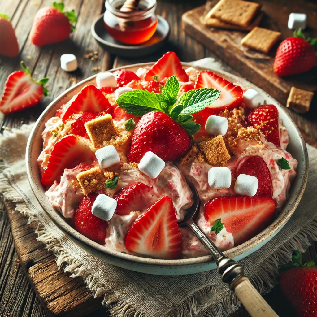 A bowl of strawberry cheesecake salad with fresh sliced strawberries folded into a creamy cheesecake mixture, mini marshmallows, and crushed graham crackers on a rustic wooden table. Drizzled with honey and garnished with a sprig of mint, with a serving spoon lifting a portion. A cozy napkin and wooden plate enhance the warm, inviting atmosphere.