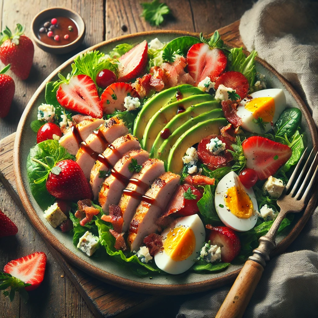 A plate of strawberry Cobb salad with mixed greens, sliced strawberries, grilled chicken, crispy bacon, hard-boiled eggs, avocado, cherry tomatoes, and crumbled blue cheese on a rustic wooden table. Drizzled with balsamic vinaigrette and garnished with fresh parsley, with a serving fork lifting a bite. A cozy napkin and wooden plate enhance the warm, inviting atmosphere.