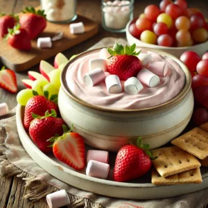A rustic presentation of strawberry-marshmallow fruit dip, elegantly arranged on a wooden table. The dip is light pink and creamy, served in a ceramic bowl with a smooth, fluffy texture. Fresh strawberries and marshmallows garnish the top. Surrounding the bowl are an assortment of dippable fruits like sliced bananas, apple wedges, and grapes, along with graham crackers. Soft natural lighting enhances the fresh and inviting feel, with gentle shadows and a hint of rustic kitchen charm in the background.