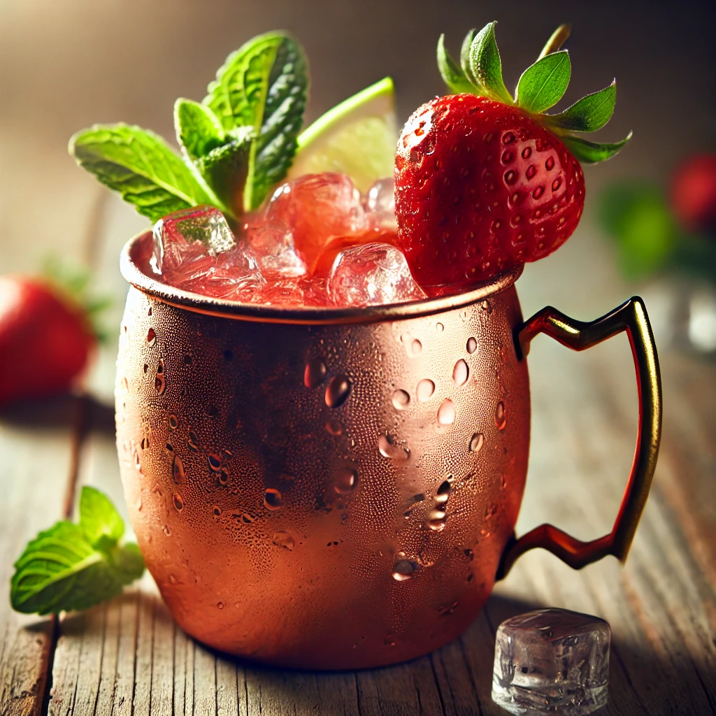 A beautifully crafted Strawberry Moscow Mule cocktail served in a classic copper mug filled with ice, garnished with a fresh strawberry slice, a sprig of mint, and a lime wedge. The mug rests on a rustic wooden table with soft, natural lighting, emphasizing the refreshing and summery appeal of the cocktail.