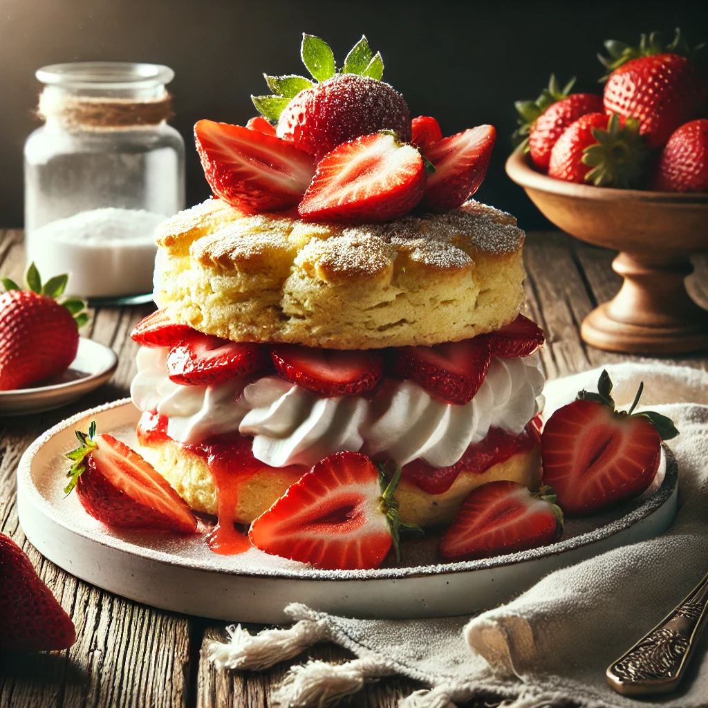 A strawberry shortcake with a golden, flaky biscuit layered with fresh strawberries and fluffy whipped cream on a rustic wooden table. The top biscuit is slightly askew, revealing the vibrant filling, with whole strawberries and powdered sugar as garnish. A cozy napkin and wooden plate add to the warm, homey atmosphere.