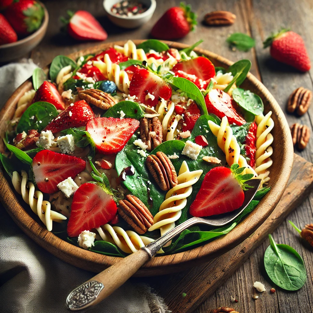 A bowl of strawberry balsamic pasta salad with tender pasta, fresh sliced strawberries, crumbled feta cheese, baby spinach, and chopped pecans, drizzled with balsamic glaze on a rustic wooden table. A serving spoon lifts a portion to showcase the fresh ingredients. A cozy napkin and wooden plate enhance the warm, inviting atmosphere.