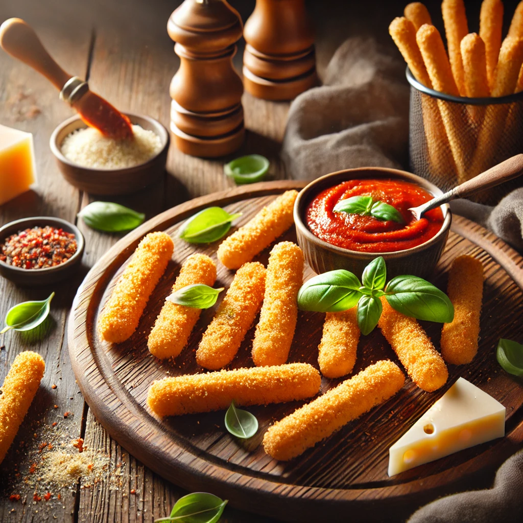 A rustic presentation of string cheese sticks with dipping sauce, elegantly arranged on a wooden table. The cheese sticks are golden brown, crispy, and coated in seasoned breadcrumbs, served on a wooden cutting board. A small bowl of marinara sauce sits nearby for dipping, garnished with fresh basil. Scattered around are Parmesan shavings, crushed red pepper flakes, and a few extra cheese sticks. Soft natural lighting enhances the warm and inviting feel, with gentle shadows and a hint of rustic kitchen elements in the background.