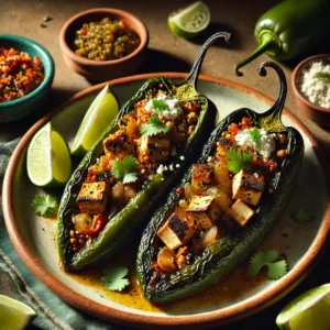 Roasted poblano chiles stuffed with a savory mixture of tofu, seitan, onions, and spices, drizzled with vegan crema, garnished with cilantro, and served with lime wedges and salsa on a rustic plate.