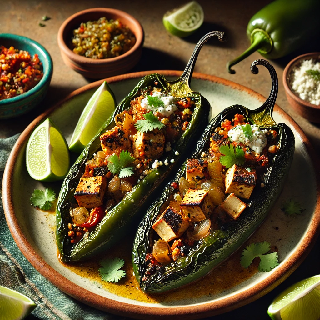 Roasted poblano chiles stuffed with a savory mixture of tofu, seitan, onions, and spices, drizzled with vegan crema, garnished with cilantro, and served with lime wedges and salsa on a rustic plate.