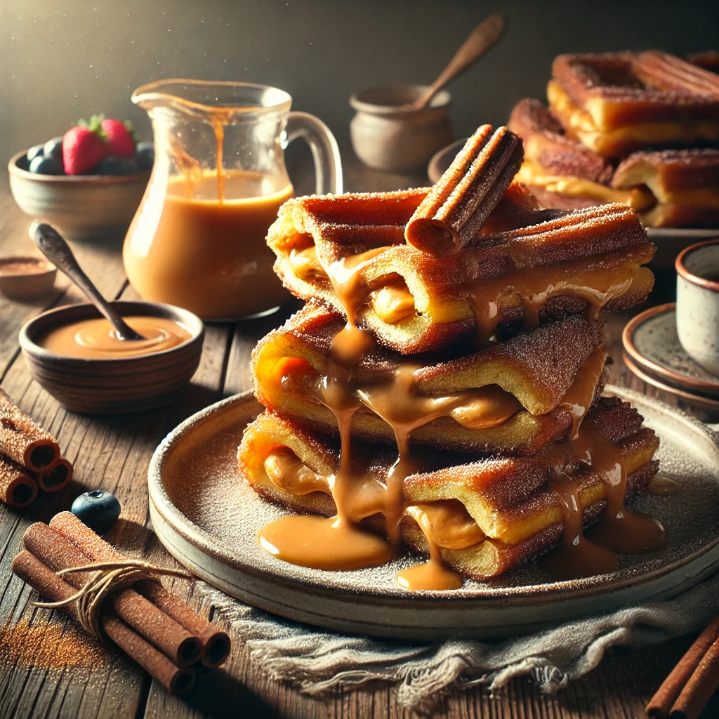 A rustic presentation of stuffed churro French toast, elegantly arranged on a wooden table. The thick slices of golden-brown French toast are stuffed with a creamy filling, coated in cinnamon sugar, and lightly crisped on the edges. A drizzle of caramel sauce cascades over the top, with a dusting of powdered sugar for extra sweetness. A few slices are stacked on a plate, while others rest on a wooden cutting board. Scattered around are cinnamon sticks, fresh berries, and a small dish of extra caramel sauce. Soft natural lighting enhances the warm and indulgent feel, with gentle shadows and a hint of rustic kitchen elements in the background.
