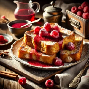 A rustic presentation of stuffed French toast with raspberry sauce, elegantly arranged on a wooden table. The thick slices of golden-brown French toast are filled with a rich, creamy filling and topped with a vibrant raspberry sauce. A dusting of powdered sugar and fresh raspberries add extra sweetness. A few slices are stacked on a plate, while others rest on a wooden cutting board. Scattered around are cinnamon sticks, a small dish of extra raspberry sauce, and a drizzle of syrup. Soft natural lighting enhances the warm and inviting feel, with gentle shadows and a hint of rustic kitchen elements in the background.