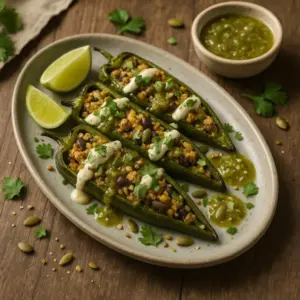 English alt text: A 600×600 photoreal pesto-style image—roasted green chiles halved and stuffed with a tofu–rice–black bean–corn filling, drizzled with cashew crema and salsa verde, topped with cilantro and toasted pepitas; oval matte ceramic plate on the same rustic plank wooden table as the reference; soft side/back light, shallow depth-of-field; no text on the image.