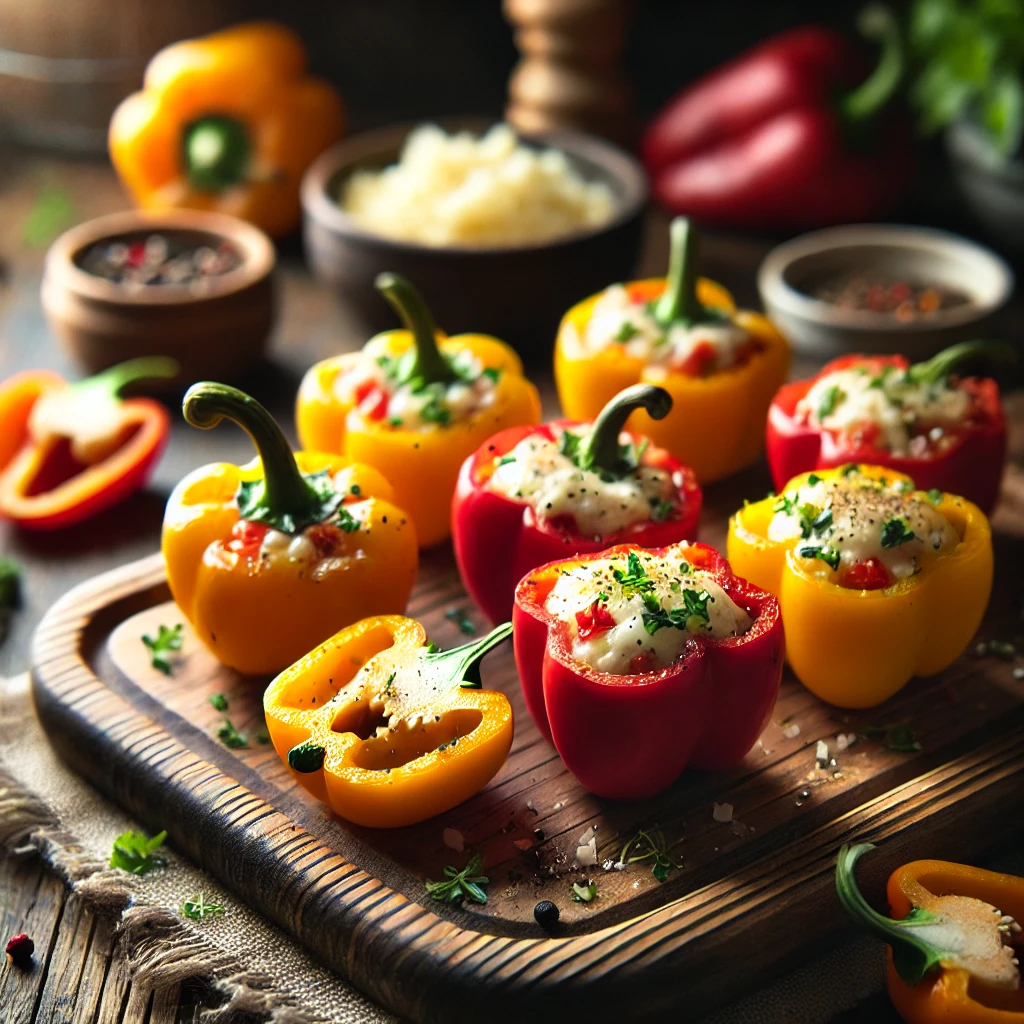 A rustic presentation of stuffed mini sweet peppers, elegantly arranged on a wooden table. The vibrant red, yellow, and orange peppers are halved and filled with a creamy cheese mixture, topped with fresh herbs and a sprinkle of black pepper. Some peppers are placed on a wooden cutting board, while others are scattered around with extra filling ingredients like crumbled cheese and chopped herbs. Soft natural lighting enhances the fresh and inviting feel, with gentle shadows and a hint of rustic kitchen elements in the background.