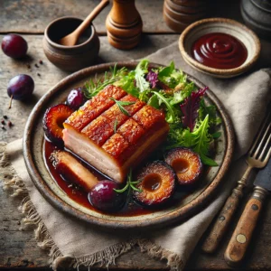 A rustic presentation of Slow Roasted Pork Belly with Plum Sauce, served on a golden, crispy pork belly with perfectly scored crackling. The dish includes a rich plum sauce with visible plum wedges, alongside a fresh side salad of mixed greens and herbs. Styled on a weathered wooden table with a linen napkin, a small bowl of sauce, and a wooden serving spoon, illuminated by soft natural light for a warm, inviting atmosphere.