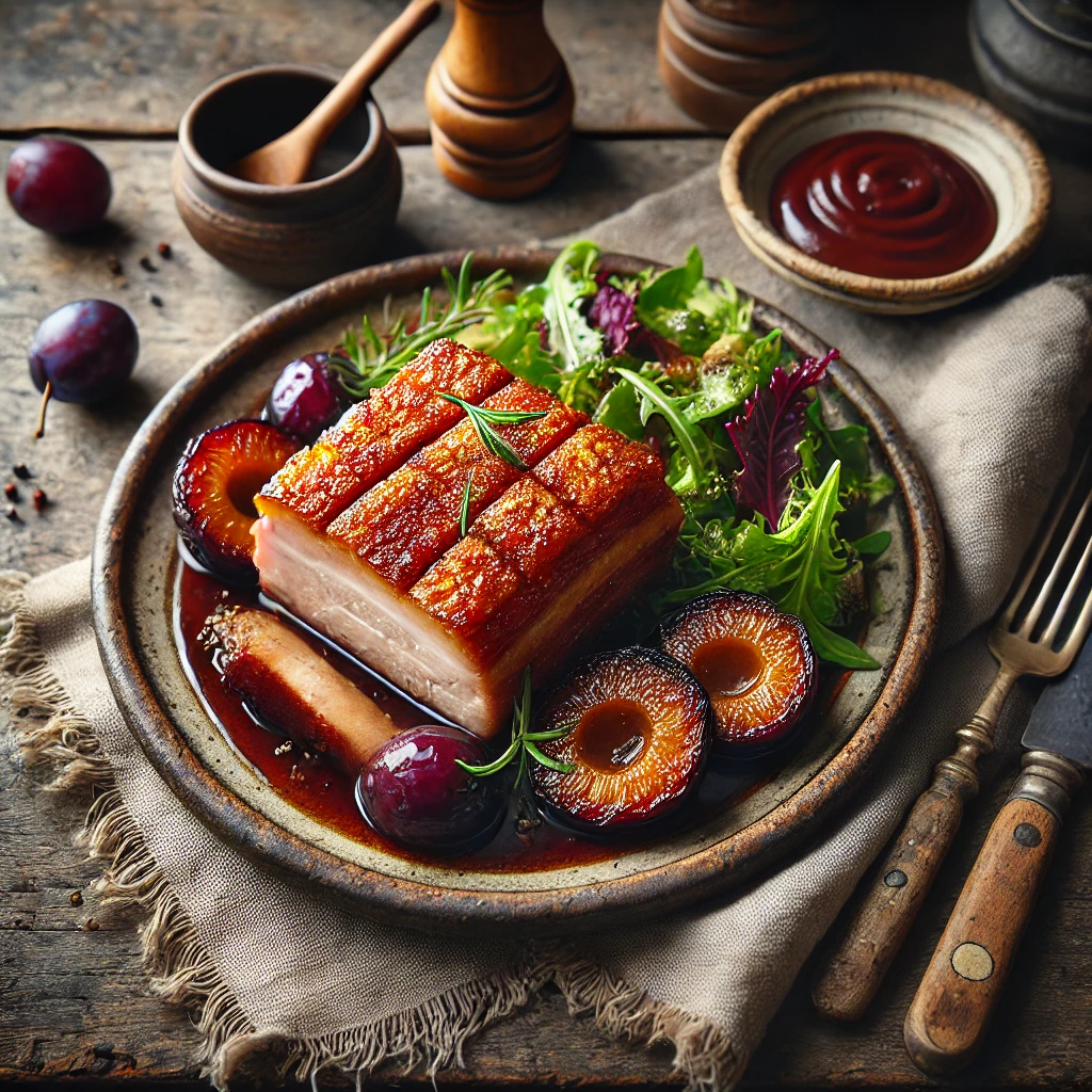 A rustic presentation of Slow Roasted Pork Belly with Plum Sauce, served on a golden, crispy pork belly with perfectly scored crackling. The dish includes a rich plum sauce with visible plum wedges, alongside a fresh side salad of mixed greens and herbs. Styled on a weathered wooden table with a linen napkin, a small bowl of sauce, and a wooden serving spoon, illuminated by soft natural light for a warm, inviting atmosphere.