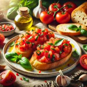 Bruschetta with tomato topping, featuring golden ciabatta slices topped with fresh tomato salsa made of diced roma tomatoes, garlic, olive oil, shallots, and basil, styled for a warm summer evening ambiance.