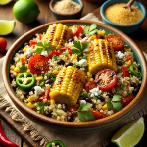 Fluffy quinoa mixed with charred grilled corn, black beans, red bell peppers, and cherry tomatoes, tossed in a zesty lime dressing, and garnished with cotija cheese, cilantro, and chili powder.