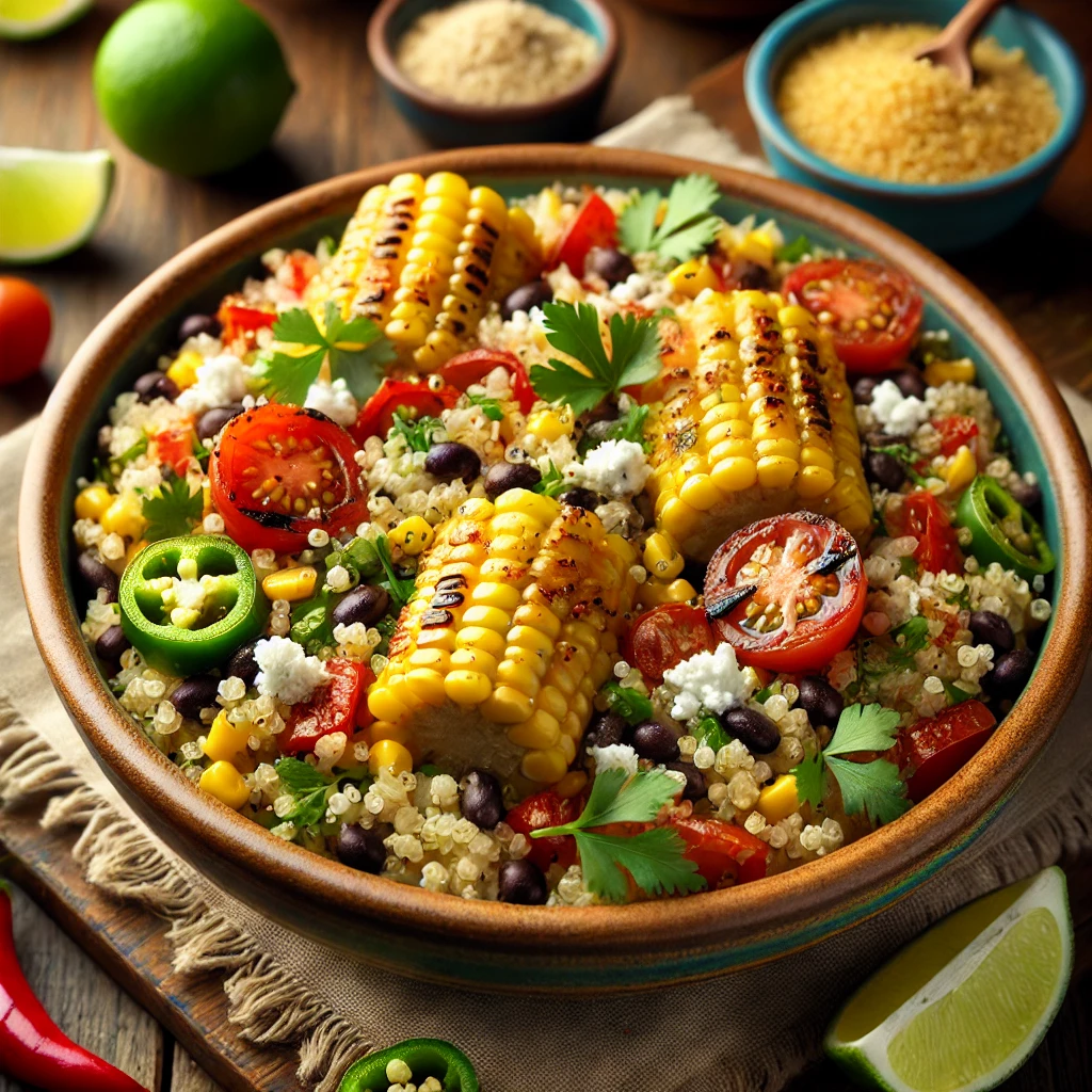 Fluffy quinoa mixed with charred grilled corn, black beans, red bell peppers, and cherry tomatoes, tossed in a zesty lime dressing, and garnished with cotija cheese, cilantro, and chili powder.