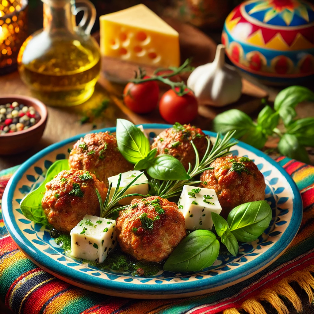 Savory summer meatballs with Manchego cheese, garnished with fresh herbs, served in a vibrant Mexican-style setting.