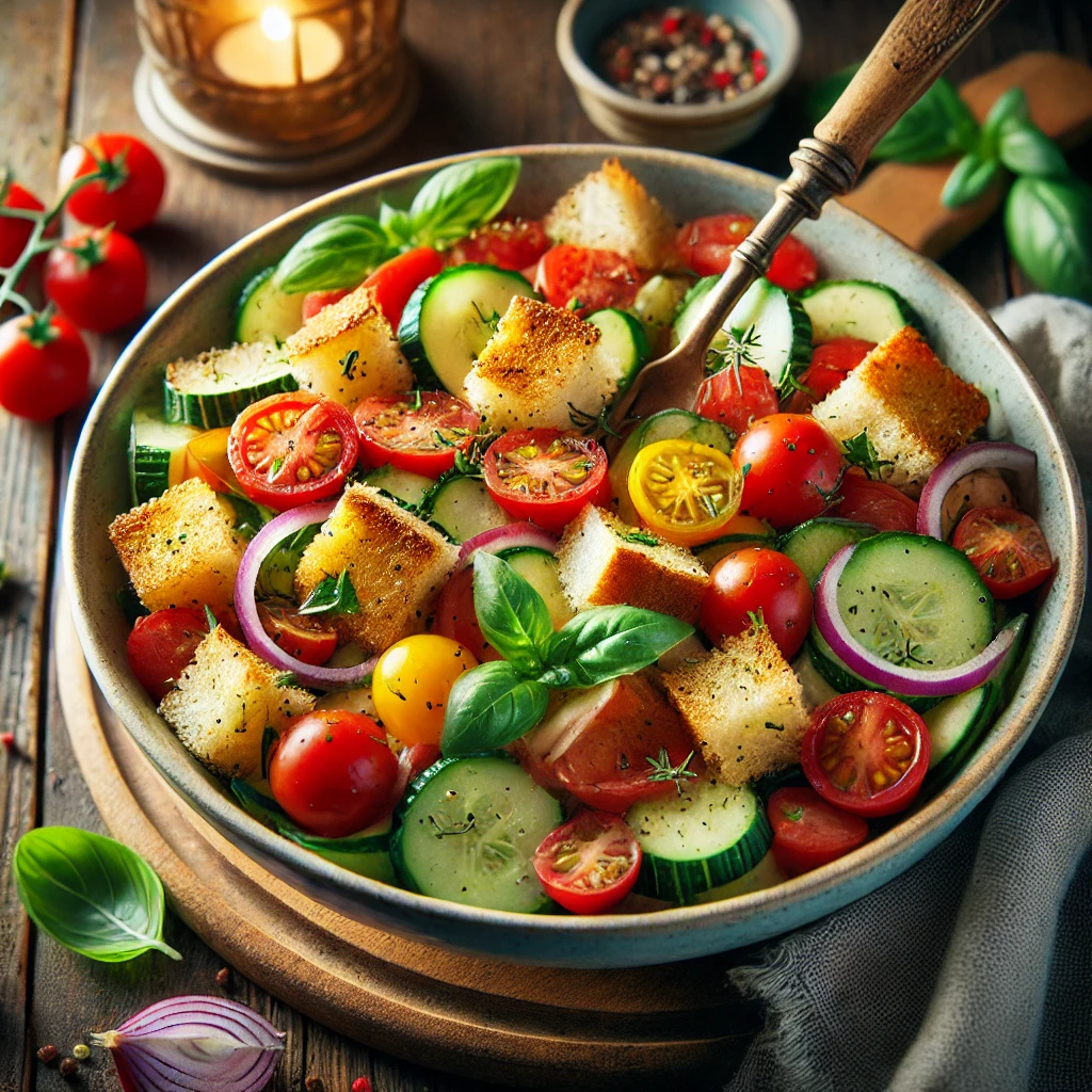 A bowl of summer panzanella with toasted bread cubes, cherry tomatoes, cucumber slices, red onion, and fresh basil leaves, drizzled with vinaigrette on a rustic wooden table. A serving spoon lifts a portion to showcase the fresh ingredients. A cozy napkin and wooden plate enhance the warm, inviting atmosphere.