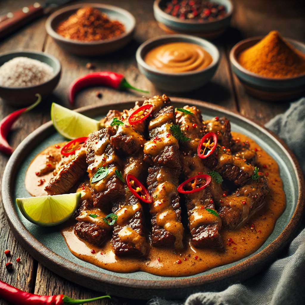 Indonesian beef strips coated in a rich, creamy peanut sauce, garnished with red pepper flakes and lime wedges. The dish is served on a rustic plate, set on a warm wooden table, surrounded by small bowls of sauce ingredients like peanut butter, lime, and chili powder. Soft lighting highlights the vibrant colors and textures of the meal, creating an inviting atmosphere.